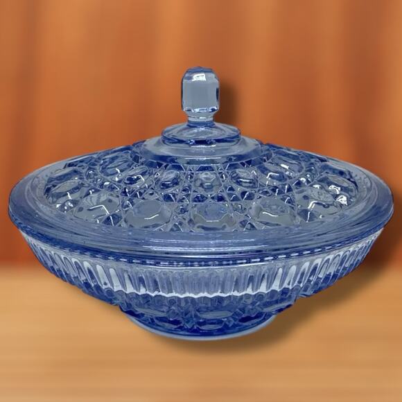 Vintage Indiana Glass Windsor Button & Cane Blue Candy Dish Bowl With Lid - Picture 1 of 7